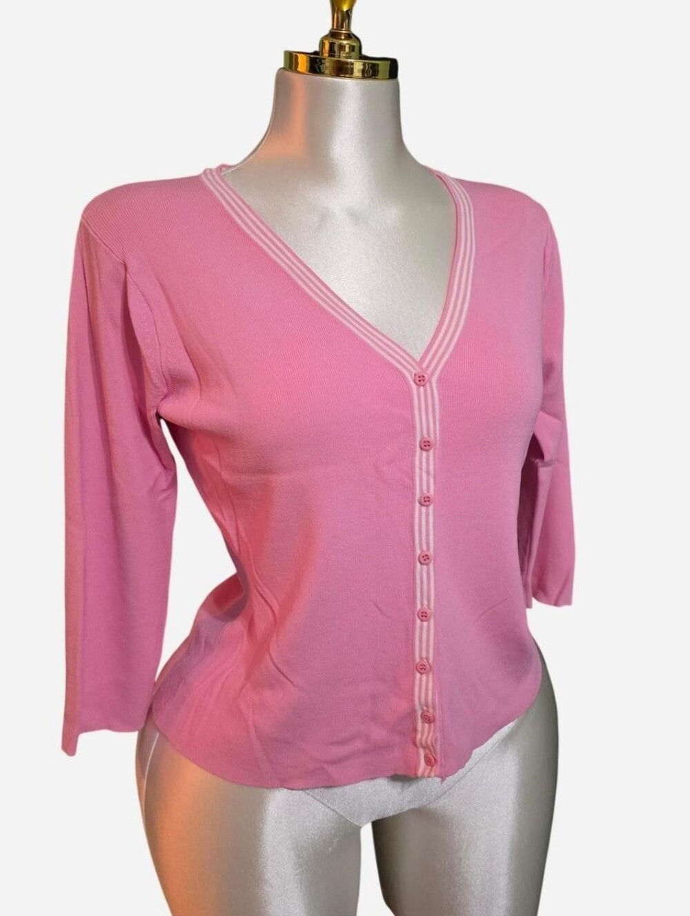 Y2K Pastel Pink 3/4 Sleeve V-Neck Button Front Cardigan